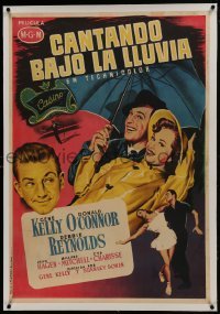 2s044 SINGIN' IN THE RAIN linen Spanish 1953 art of Gene Kelly & Debbie Reynolds, different & rare!
