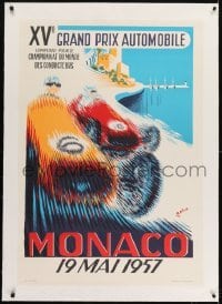 2s027 MONACO linen 27x39 French art print 1985 Minne art of 1957 Formula One Grand Prix race cars!
