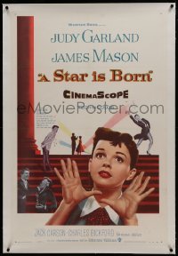 2s366 STAR IS BORN linen 1sh 1954 great close up art of Judy Garland, James Mason, classic!