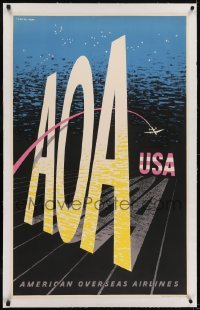 2s003 AMERICAN OVERSEAS AIRLINES linen 24x39 English travel poster 1948 LeWitt-Him airplane art!