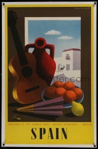 2s006 SPAIN linen 25x39 Spanish travel poster 1950s Guy Georget art of guitar & fruit in window!