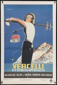 2s007 VERCELLI linen 25x38 Italian travel poster 1950s Alberto Campagnoli art of female skier!