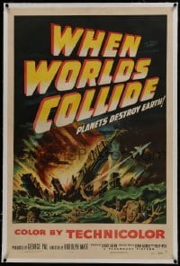 2s394 WHEN WORLDS COLLIDE linen 1sh 1951 George Pal classic, best art of Earth skyscapers flooded!