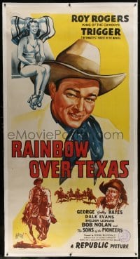 2t021 RAINBOW OVER TEXAS linen 3sh 1946 art of Roy Rogers, sexy Dale Evans, Trigger & Gabby Hayes!