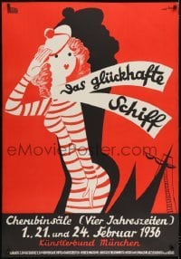 2t115 DAS GLUCKHAFTE SCHIFF German 33x47 1936 art of pretty woman saluting by ship silhouette!