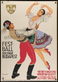 2t118 FESTBALL DER STADT BUDAPEST German 33x47 1938 colorful art of Hungarian dancing couple!
