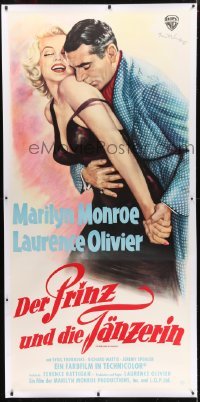 2t029 PRINCE & THE SHOWGIRL linen German 31x71 1957 Wendt art of Olivier nuzzling Marilyn Monroe!