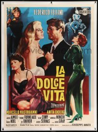 2t068 LA DOLCE VITA linen Italian 1p 1960s Fellini, Olivetti art of Mastroianni & sexy Ekberg, rare!