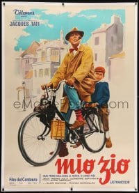 2t071 MON ONCLE linen Italian 1p 1958 art of Jacques Tati as My Uncle, Mr. Hulot, on bike, rare!