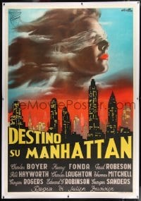 2t056 TALES OF MANHATTAN linen Italian 2p R1949 Ciriello art of Rita Hayworth over New York skyline!