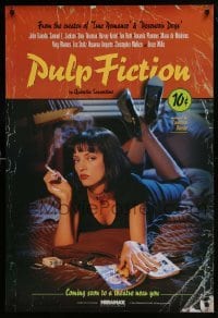 2t153 PULP FICTION advance 1sh 1994 Quentin Tarantino, Uma Thurman smoking Lucky Strikes, recalled!