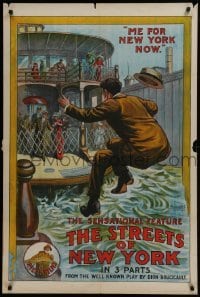2t148 STREETS OF NEW YORK 1sh 1913 stone litho of man leaping toward Staten Island ferry, rare!