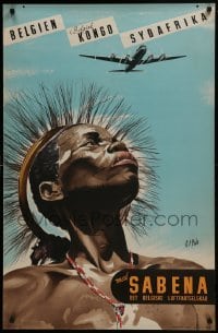 2t401 SABENA BELGIEN KONGO SYDAFRIKA 26x39 Belgian travel poster 1950s art of African native, rare!