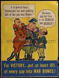 2t386 FOR VICTORY... 17x22 WWII war poster 1942 cartoon art of Hitler, put 10% into war bonds!