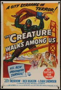 2w160 CREATURE WALKS AMONG US Aust 1sh 1956 art of monster attacking by Golden Gate Bridge!
