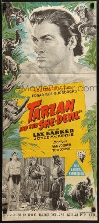 2w168 TARZAN & THE SHE-DEVIL Aust daybill 1953 different art of barechested Lex Barker & animals!