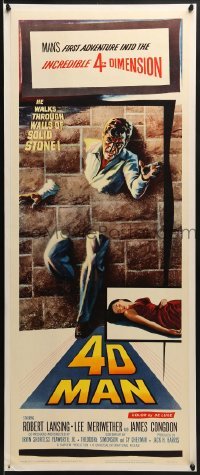 2w019 4D MAN insert 1959 Robert Lansing walks through walls of solid steel and stone, best art!