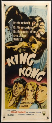 2w032 KING KONG insert R1956 great full-color art of the giant ape carrying Fay Wray over city!