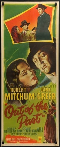 2w036 OUT OF THE PAST insert 1947 great art of smoking Robert Mitchum & Jane Greer + photo, rare!