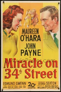 2w221 MIRACLE ON 34th STREET 1sh 1947 stone litho of Gwenn, Natalie Wood, Maureen O'Hara & Payne!