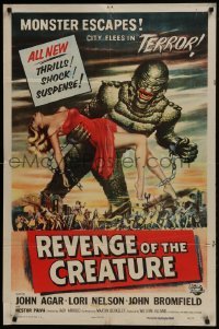2w226 REVENGE OF THE CREATURE 1sh 1955 art of the monster holding sexy girl by Reynold Brown!