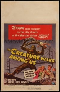 2w112 CREATURE WALKS AMONG US linen WC 1956 Reynold Brown art of monster over Golden Gate Bridge!