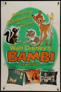 2x262 BAMBI 1sh R1957 Walt Disney cartoon deer classic, great art with Thumper & Flower!