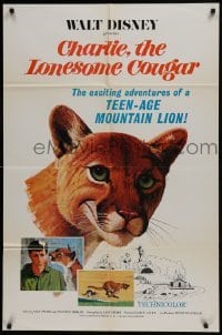 2x278 CHARLIE THE LONESOME COUGAR 1sh 1967 Walt Disney, art of smiling teen-age mountain lion!