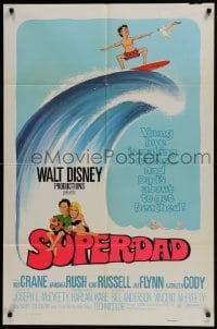 2x355 SUPERDAD 1sh 1974 Walt Disney, wacky art of surfing Bob Crane & Kurt Russell w/guitar!