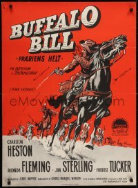2y304 PONY EXPRESS Danish 1954 K. Wenzel art of Charlton Heston as Buffalo Bill on horseback!