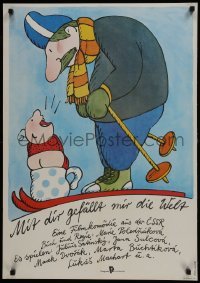 2y228 YOU TAKE THE KIDS East German 23x32 1983 wild art of baby and man skiing by Bofinger!