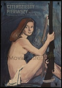 2y727 FORTY FIRST signed Polish 23x33 1956 Starowieyski art of naked woman w/ rifle!