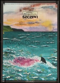 2y740 JAWS Polish 23x32 1976 Spielberg, different Dudzinski art of shark fin in bloody water!