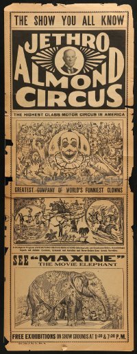 2z025 JETHRO ALMOND CIRCUS 2-sided 11x28 broadside circus poster 1930s world's funniest clowns!