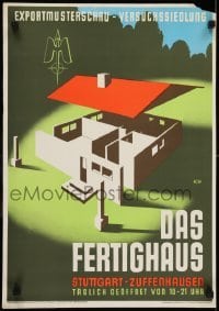 2z126 DAS FERTIGHAUS house style German 17x24 1947 cool artwork of prefab being built!