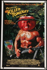 2z897 RETURN OF THE KILLER TOMATOES 27x41 video poster 1988 parody image of beefy tomato with gun!