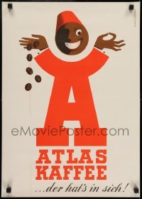2z123 ATLAS KAFFEE 17x23 German advertising poster 1950s art of a mascot dropping coffee beans!