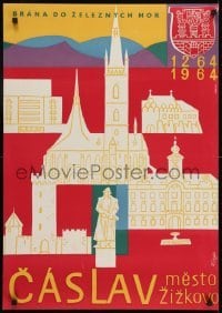 2z201 CASLAV 23x33 Czech travel poster 1964 color art of the town and its coat of arms by Ringes!