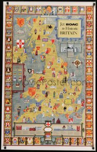 2z208 JET BOAC TO HISTORIC BRITAIN 25x40 English travel poster 1969 art of England, coats of arms!