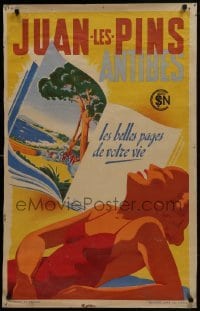 2z209 SNCF JUAN LES PINS ANTIBES 25x40 French travel poster 1940s woman with open book Rene Bleuer!