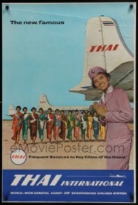 2z227 THAI INTERNATIONAL THAILAND 24x36 Danish travel poster 1960s several planes w/stewardesses!