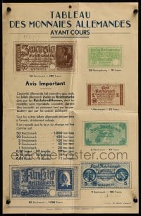 2z067 TABLEAU DES MONNAIES ALLEMANDES AYANT COURS 13x20 French WWII war poster 1940 bank notes!