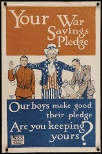 2z071 YOUR WAR SAVINGS PLEDGE 21x32 WWI war poster 1917 Uncle Sam w/arms around soldier & stamp buyer!