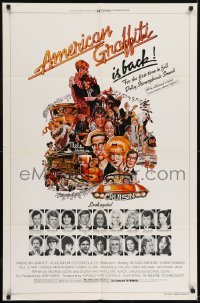 3b038 AMERICAN GRAFFITI 1sh R1978 George Lucas, great wacky Mort Drucker artwork of cast & images!