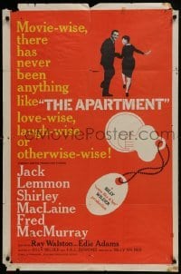 3b048 APARTMENT 1sh 1960 Billy Wilder, Jack Lemmon, Shirley MacLaine, cool key-in-lock art!