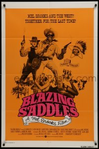 3b091 BLAZING SADDLES int'l 1sh 1974 Mel Brooks western, different cast montage on orange background