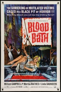 3b094 BLOOD BATH 1sh 1966 AIP, cool artwork of sexy babe being lowered into a pit of horror!