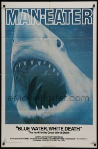 3b099 BLUE WATER, WHITE DEATH 1sh 1971 cool super close image of great white shark with open mouth!