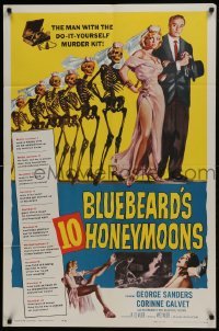 3b100 BLUEBEARD'S 10 HONEYMOONS 1sh 1960 wild art of George Sanders with skeleton bride!