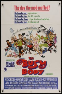 3b120 BUSY BODY 1sh 1967 William Castle, great wacky art of entire cast by Frank Frazetta!